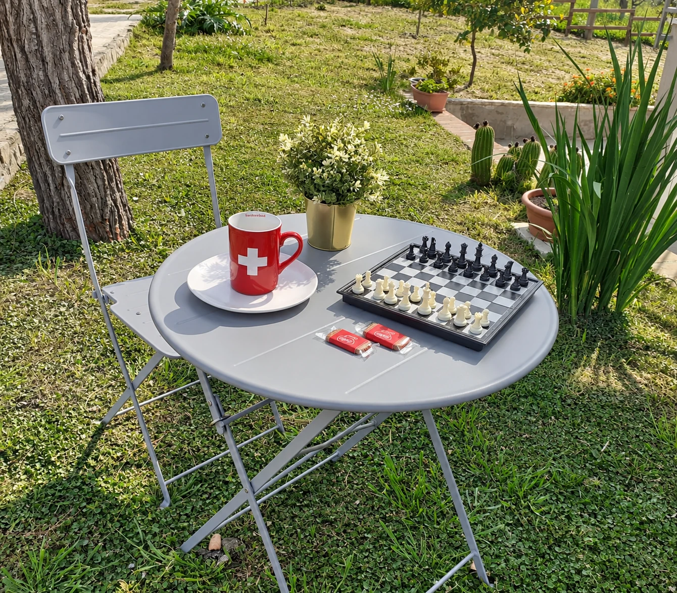 Tavolino in giardino con tazza e scacchiera